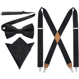 AWAYTR Mens Elastic Suspenders and Bowtie Set Solid Color Adjustable Black